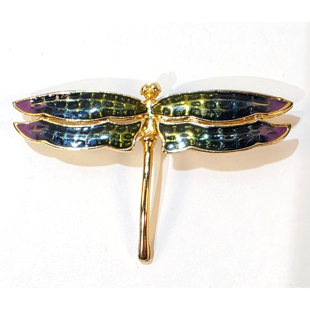 Vintage Gold Tone and Enamel Dragonfly Flying Insect Brooch Pin
